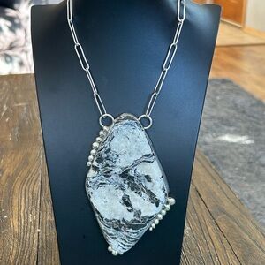 Huge White Buffalo Sterling Silver Navajo Necklace,Signed by Latana Pinto.